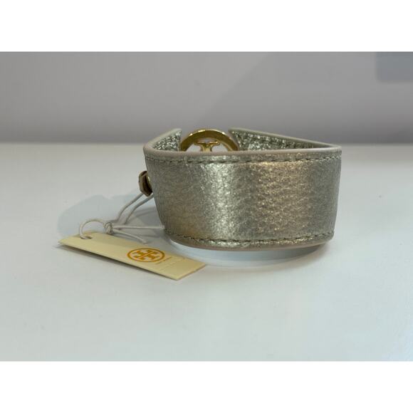 NWT TORY BURCH Metallic Logo Skinny Double Snap Off Leather Bracelet Cuff - Picture 3 of 5